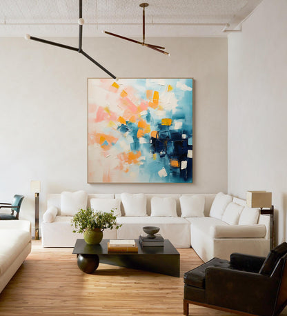 Vibrant Abstract Oil Painting with Blue, Pink, and Orange Hues for Contemporary Decor