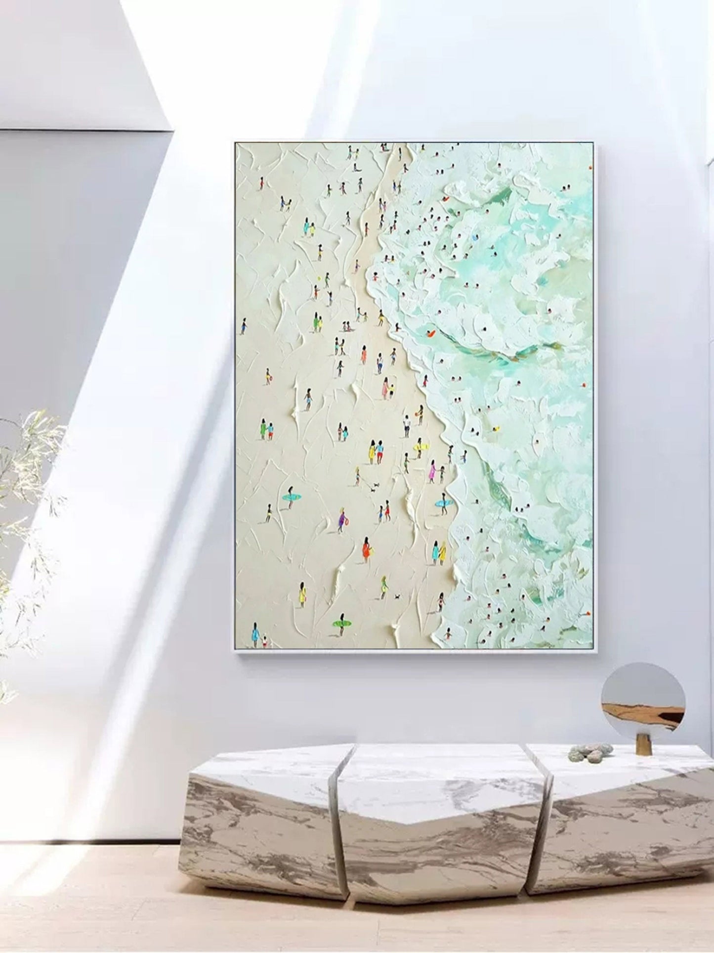 Vibrant Beach Scene Oil Painting with Textured Ocean Waves and Colorful Bathers