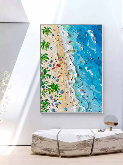 Vibrant Tropical Beach Oil Painting with Textured Waves and Lush Palm Trees