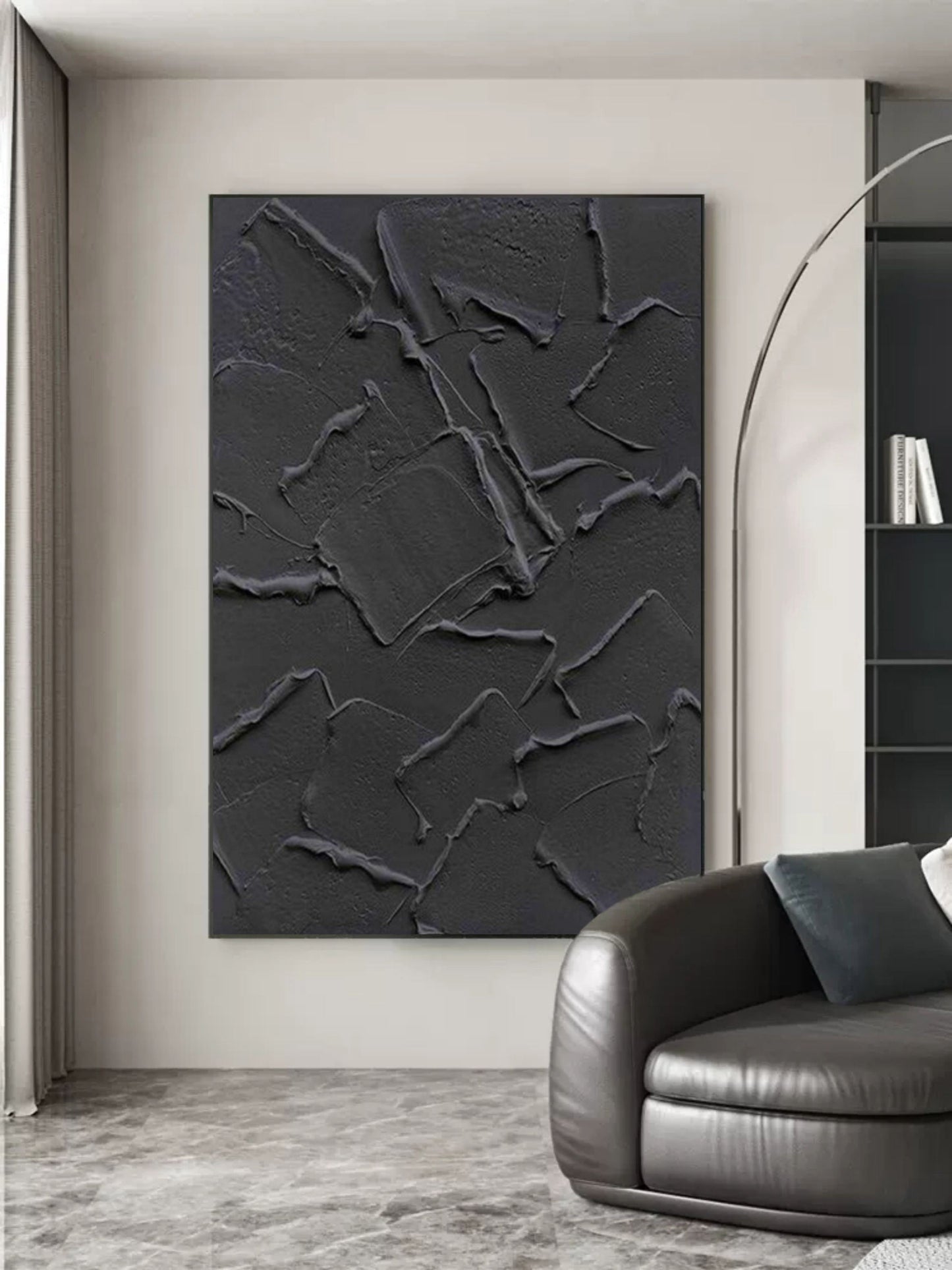 Textured Black Abstract Oil Painting for Modern Home Decor