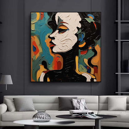 Vibrant Abstract Portrait Oil Painting with Bold Colors and Unique Texture