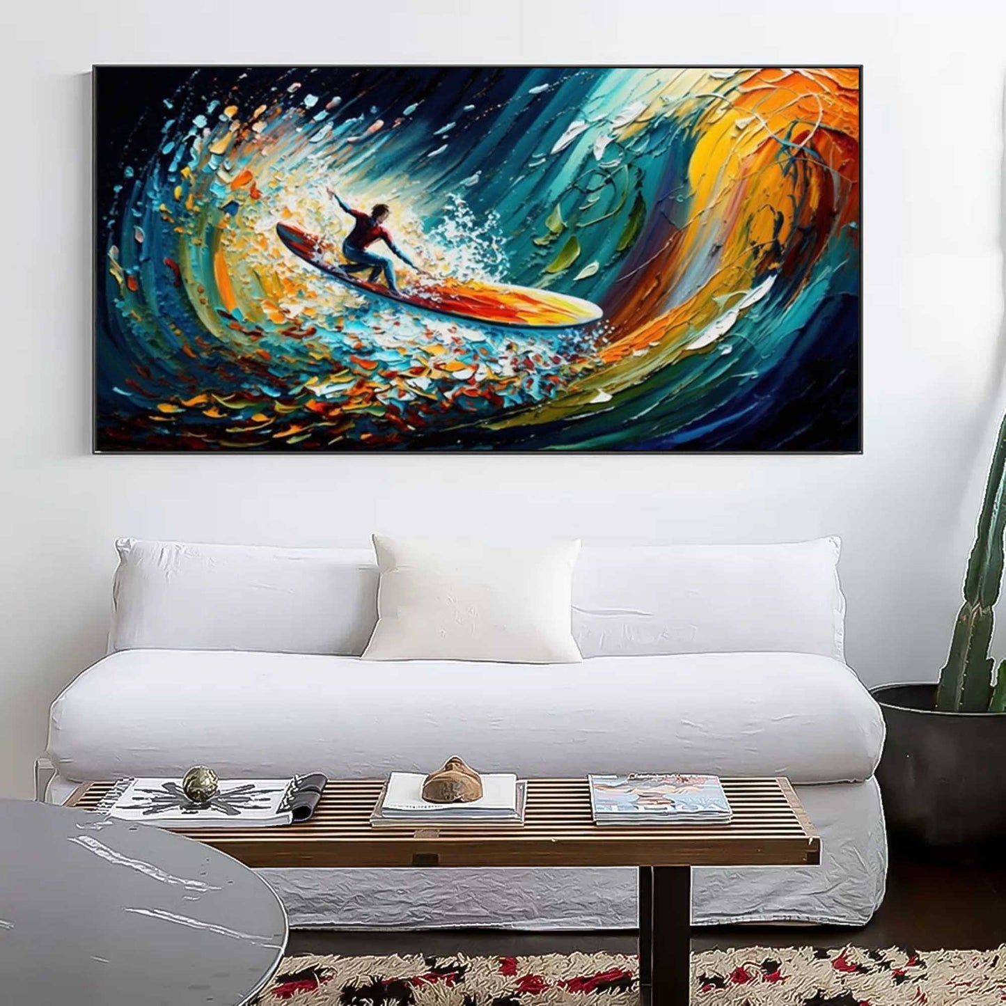 Dynamic Surfing Scene in Vibrant Ocean Colors - Cheerful Oil Painting