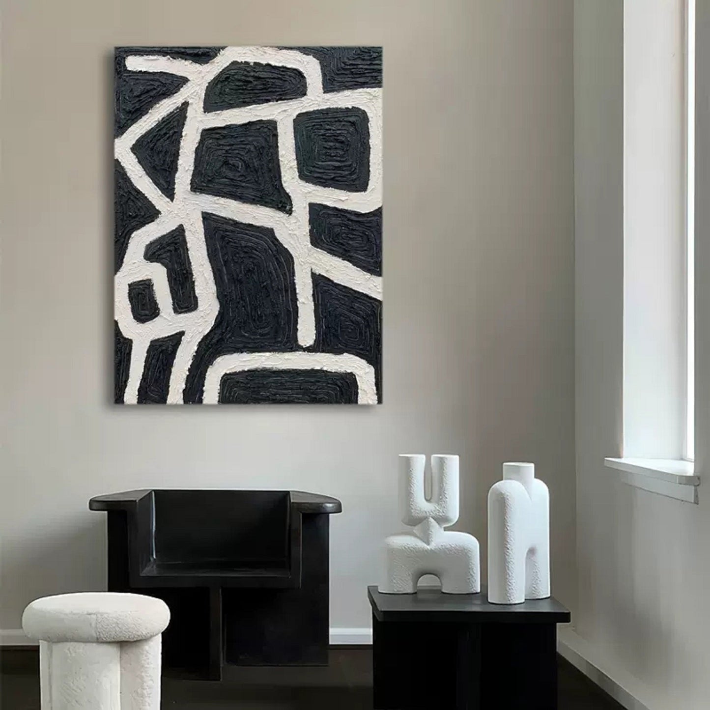 Abstract Minimalist Black and White Line Art Oil Painting for Modern Decor