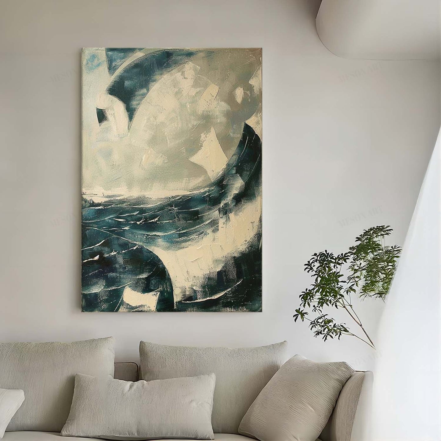 Abstract Ocean Waves Oil Painting with Textured Brushwork for Modern Decor