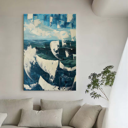 Vibrant Abstract Ocean Waves Oil Painting with Textured Plaster Finish