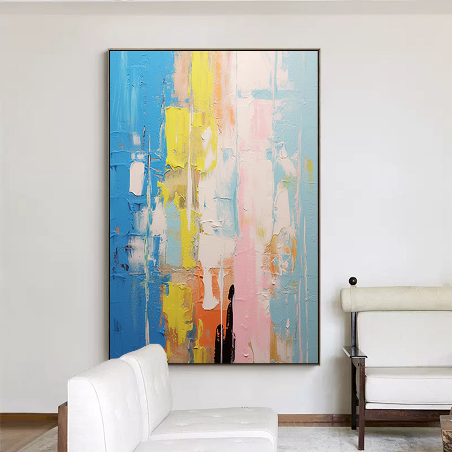 Vibrant Abstract Oil Painting with Blue, Yellow, and Pink for Modern Home Decor