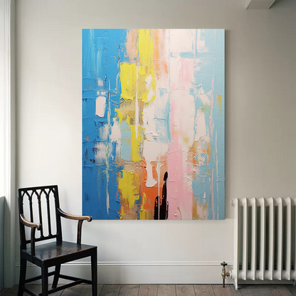 Vibrant Abstract Oil Painting with Blue, Yellow, and Pink for Modern Home Decor