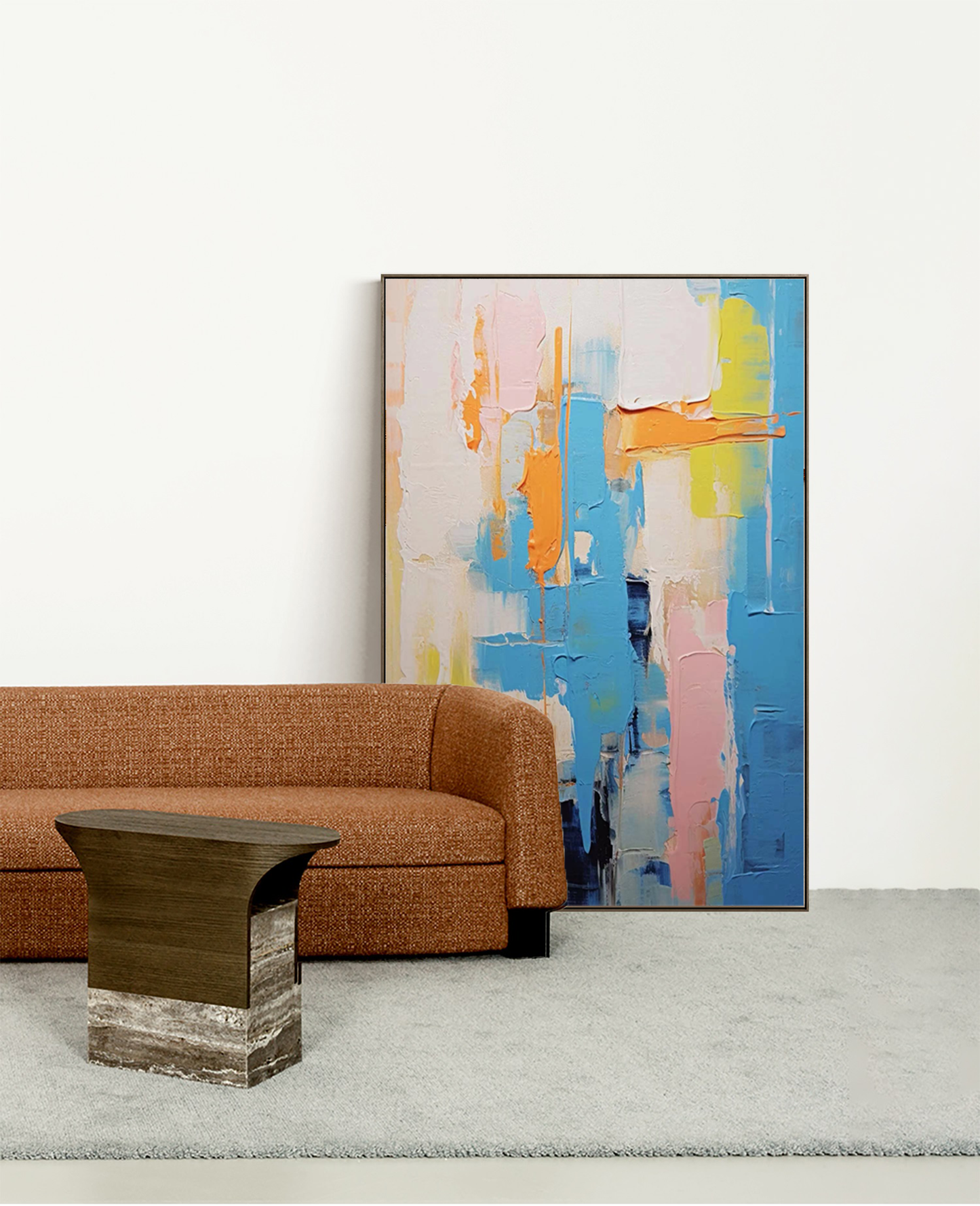 Vibrant Abstract Oil Painting in Blue, Pink, and Orange for Modern Home Decor