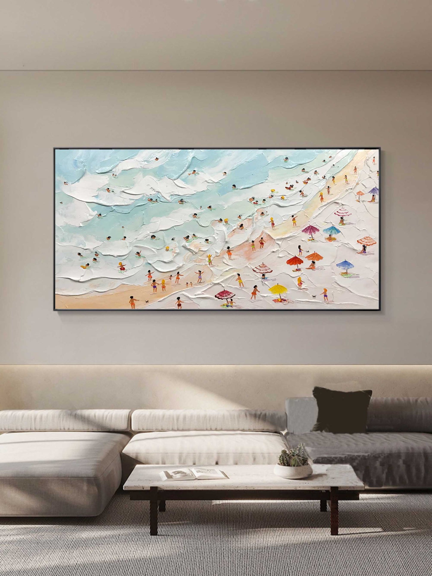 Vibrant Beach Scene Oil Painting with Textured Waves and Colorful Umbrellas