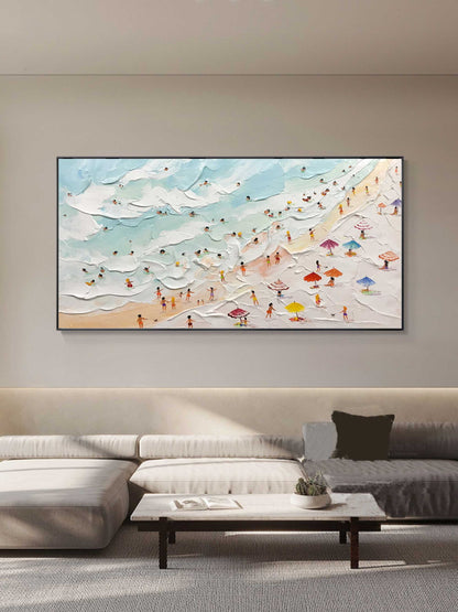 Vibrant Beach Scene Oil Painting with Textured Waves and Colorful Umbrellas