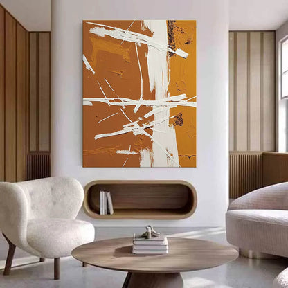 Contemporary Minimalist Abstract Oil Painting with Earthy Tones and Dynamic Lines