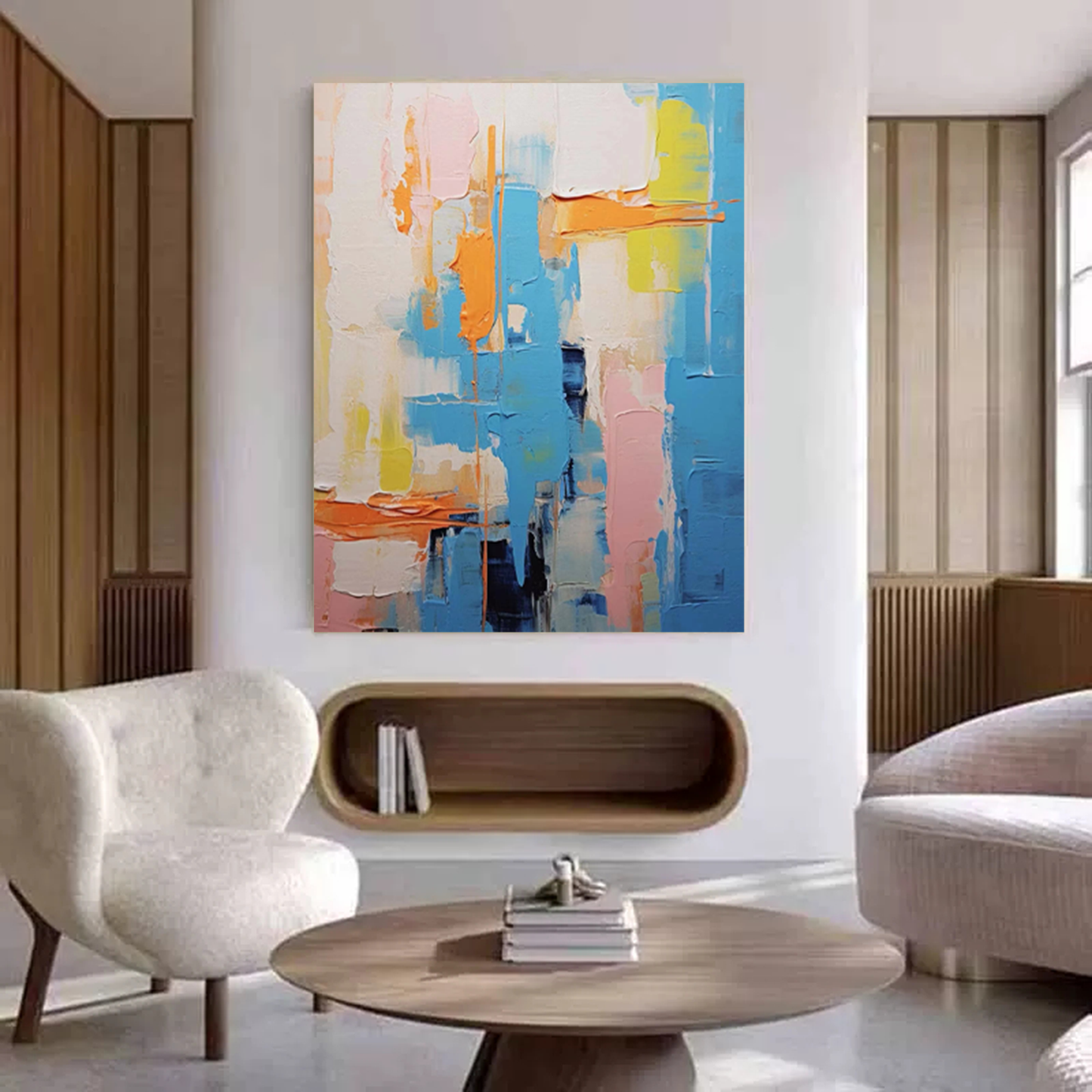 Vibrant Abstract Oil Painting in Blue, Pink, and Orange for Modern Home Decor