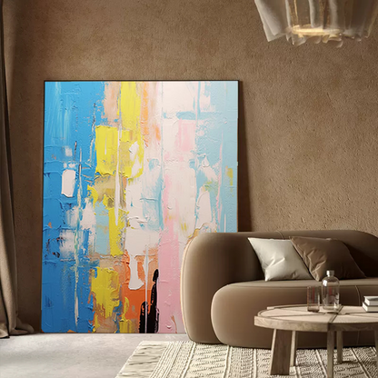 Vibrant Abstract Oil Painting with Blue, Yellow, and Pink for Modern Home Decor