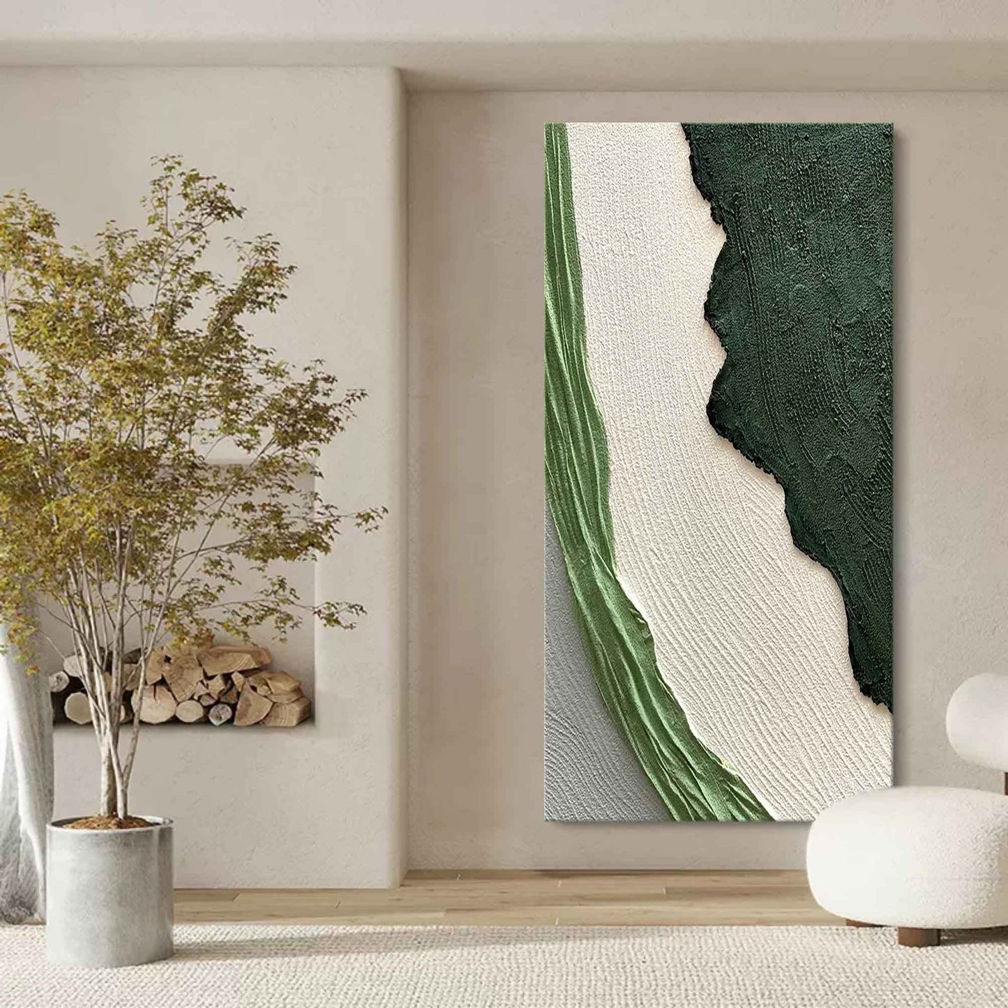 Abstract Green and White Textured Oil Painting for Modern Home Decor