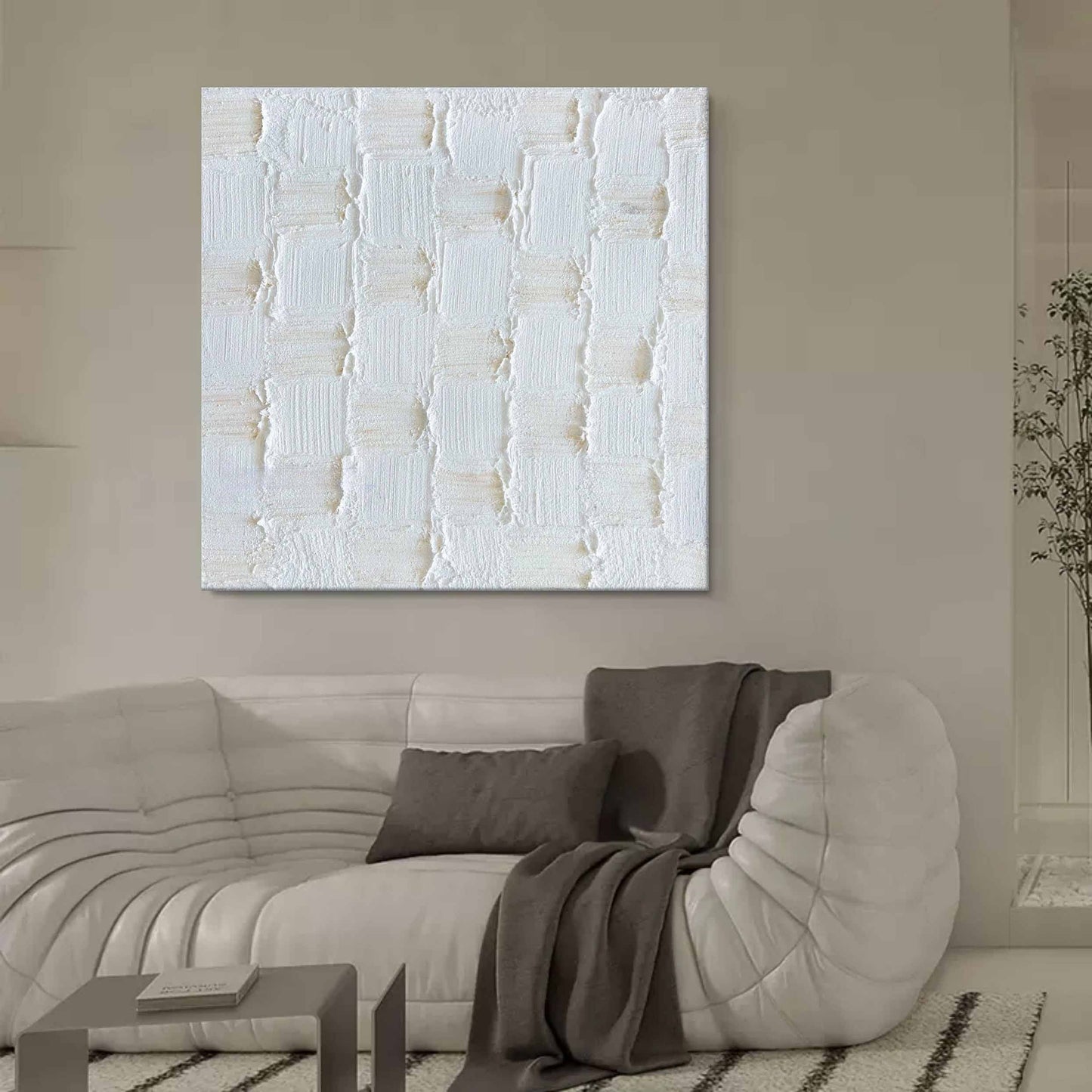 Textured White Oil Painting with Plaster Finish for Modern Home Decor