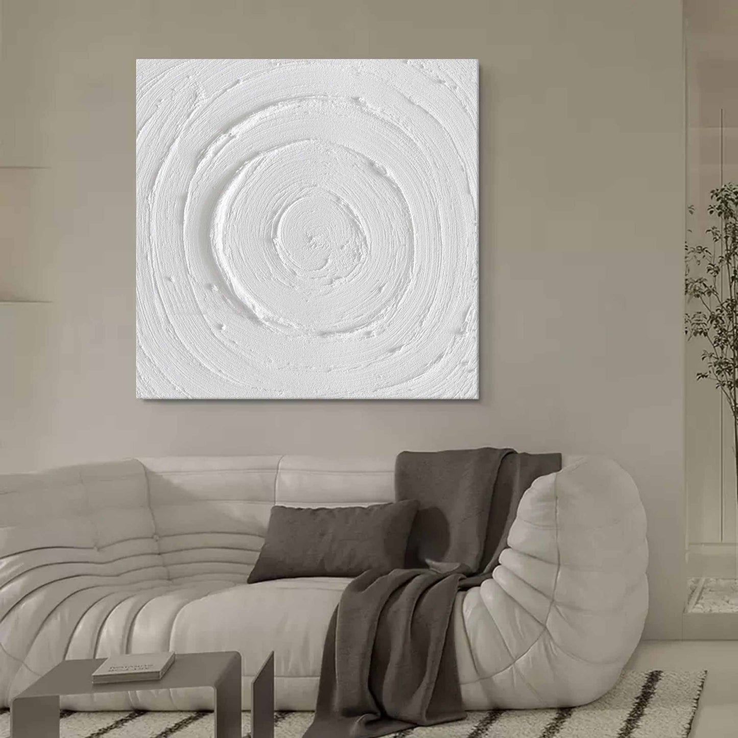 Textured White Circular Abstract Oil Painting for Modern Home Decor