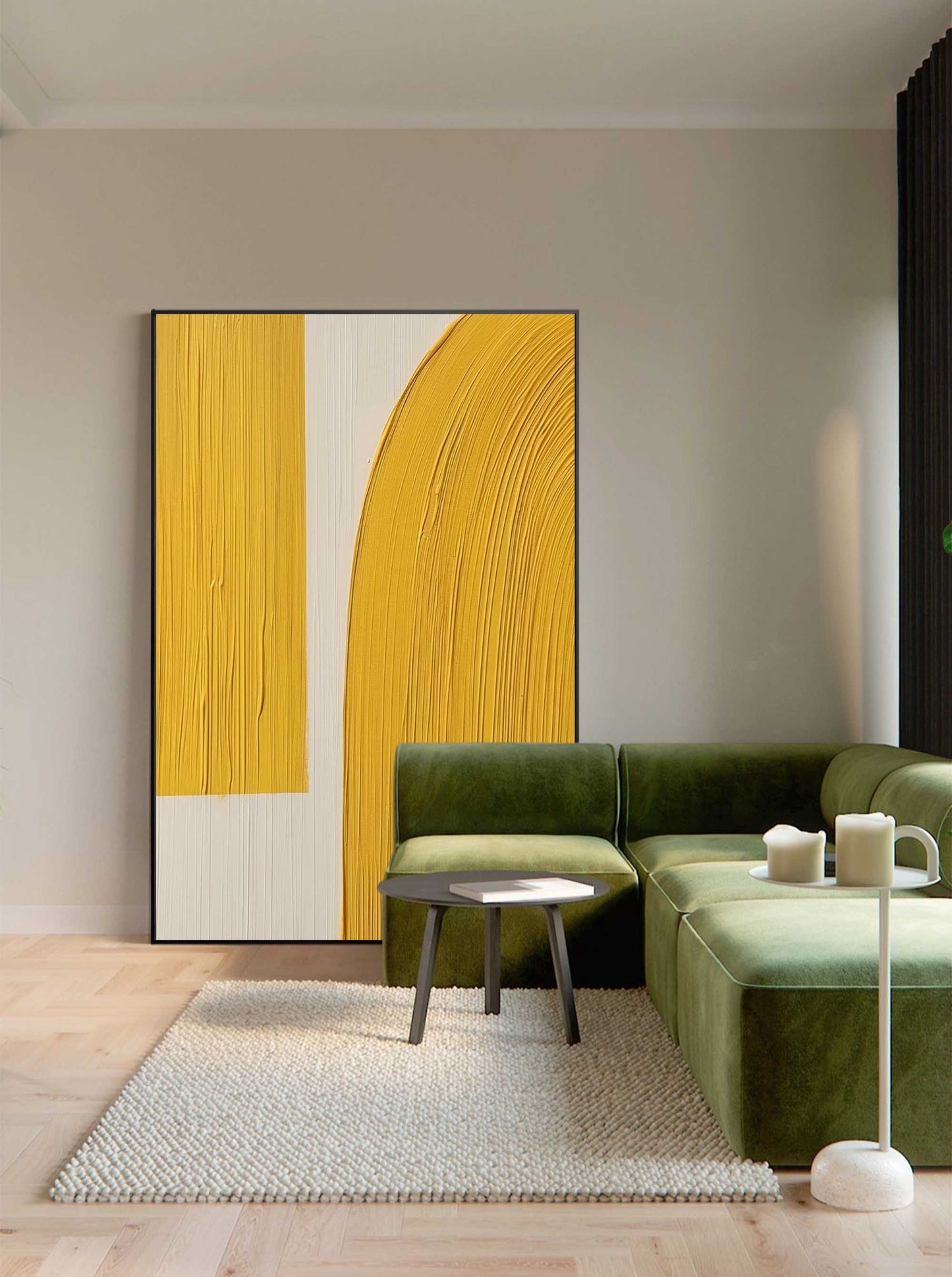 Contemporary Minimalist Yellow Abstract Oil Painting for Modern Home Decor