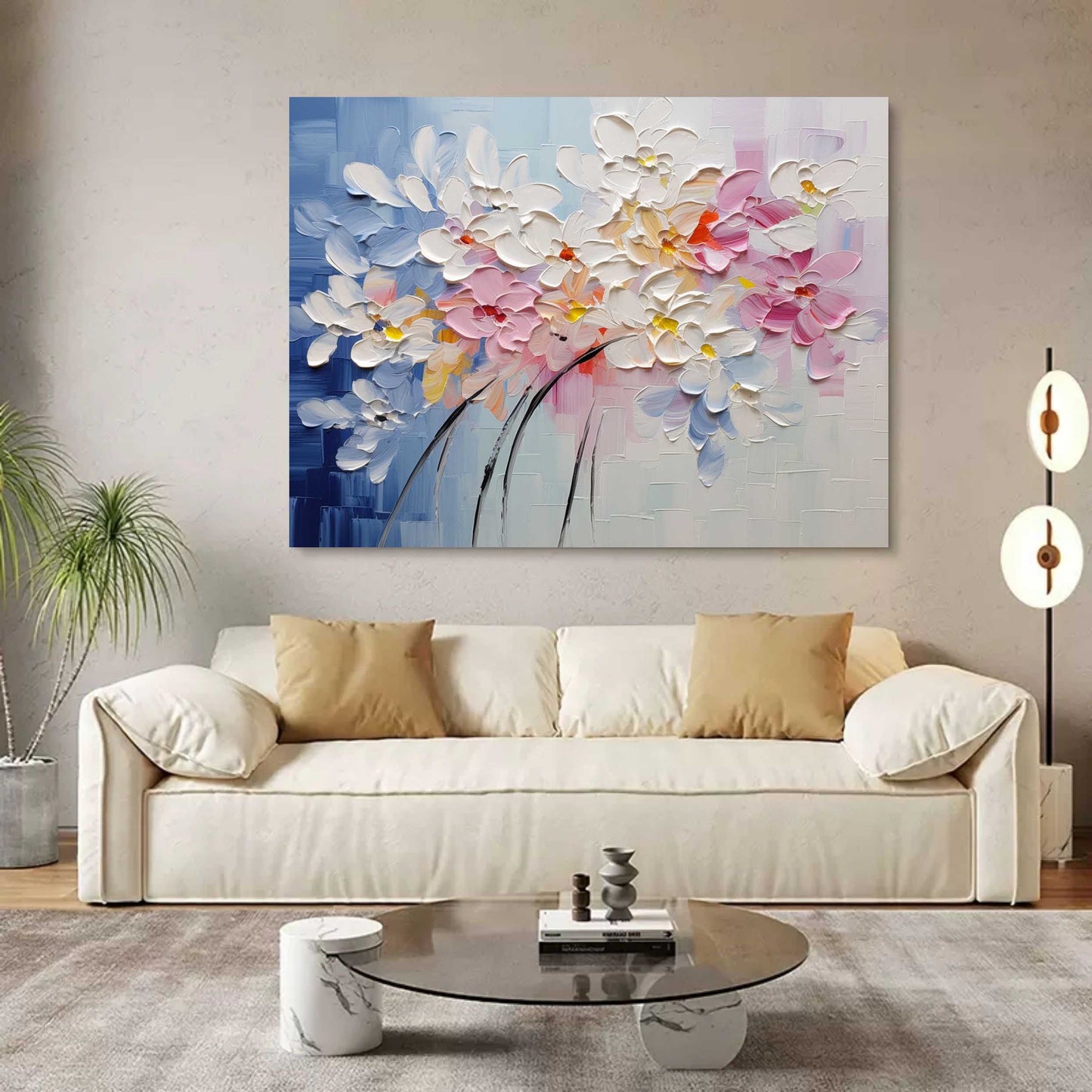 Vibrant Floral Oil Painting with Pastel Blooms and Artistic Textures