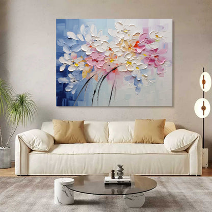 Vibrant Floral Oil Painting with Pastel Blooms and Artistic Textures