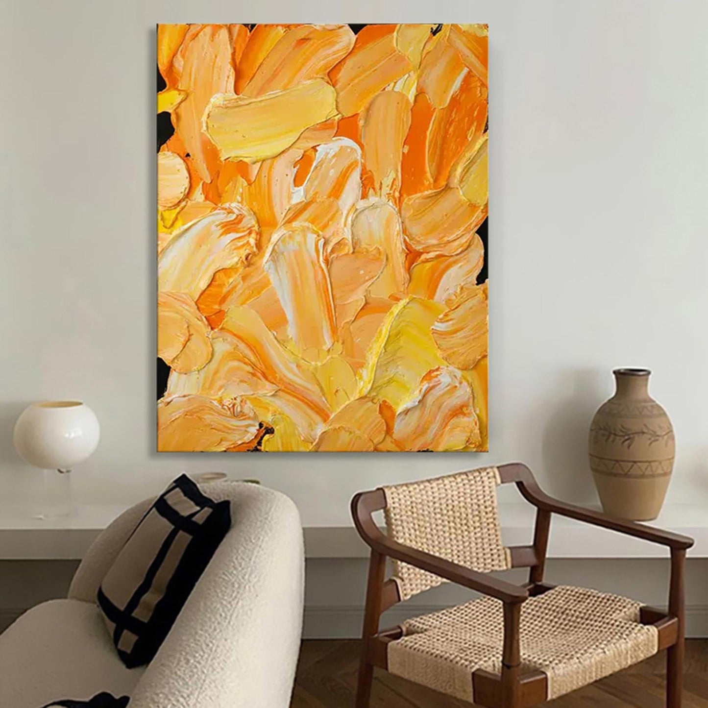 Vibrant Abstract Oil Painting in Warm Yellow and Orange Tones for Modern Decor