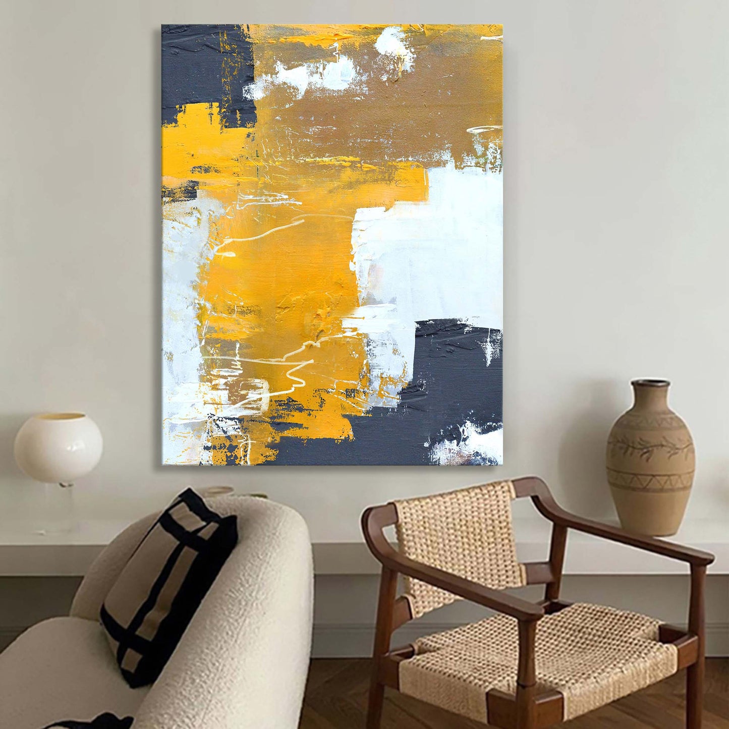 Vibrant Gold and Gray Abstract Oil Painting for Modern Home Decor