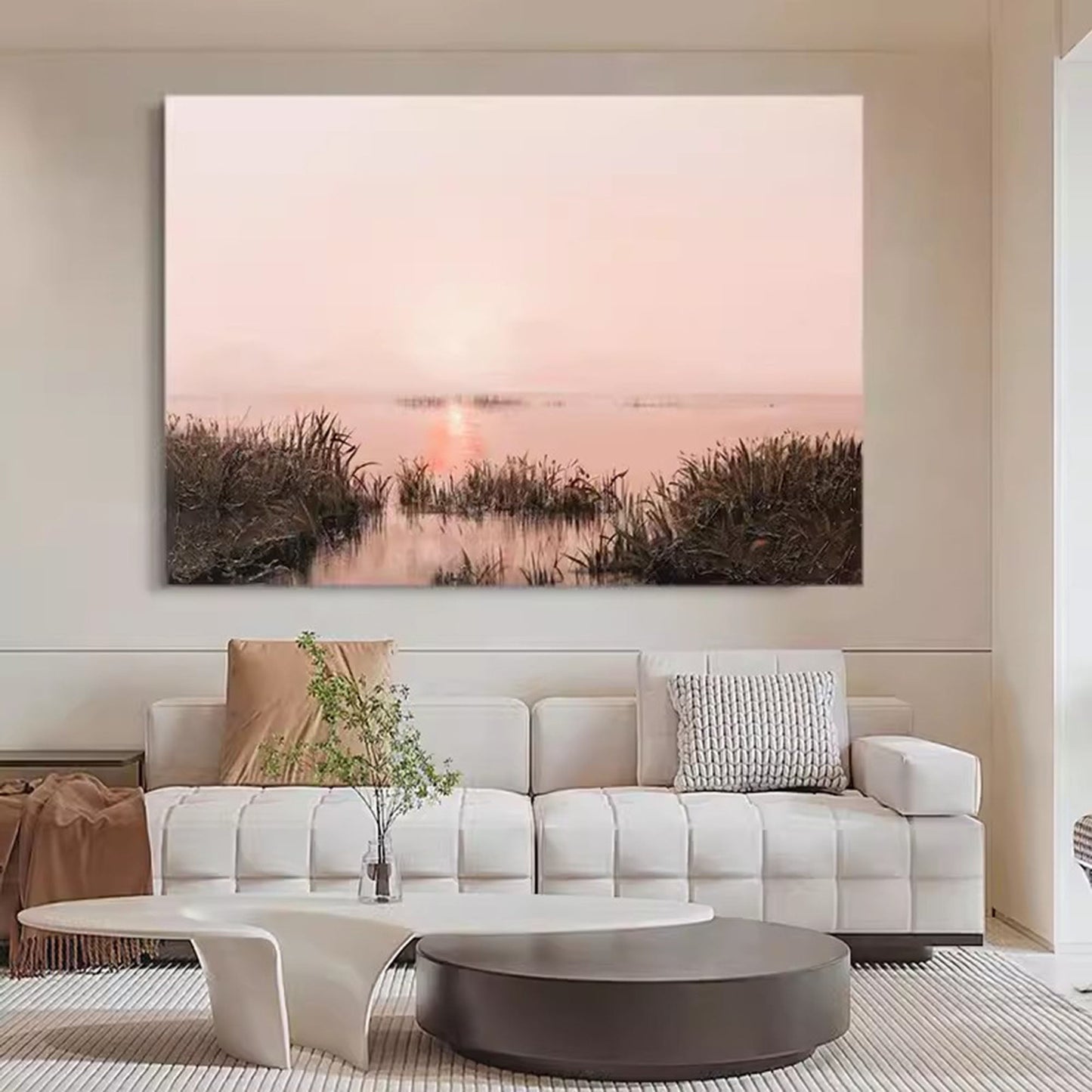 Serene Misty Landscape Oil Painting with Reflective Water at Sunset