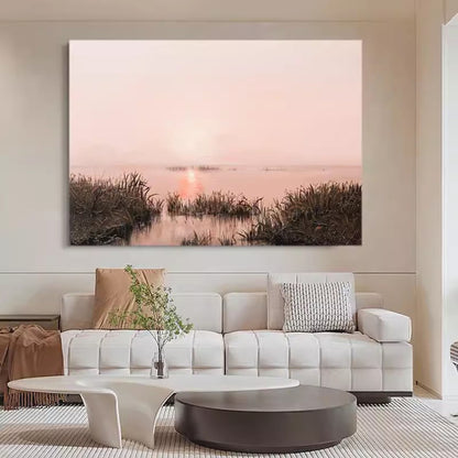 Serene Misty Landscape Oil Painting with Reflective Water at Sunset