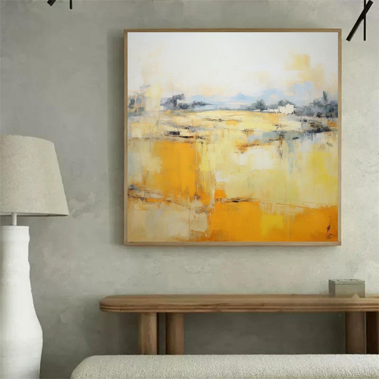 Vibrant Abstract Oil Painting with Warm Yellow and Soft Blue Tones for Modern Decor