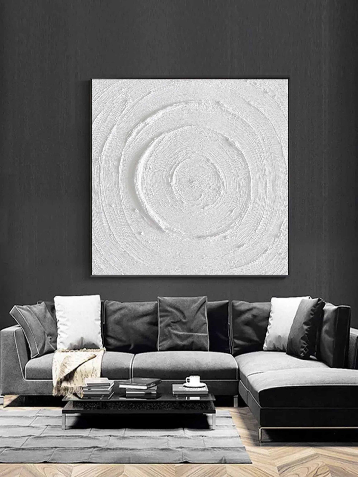 Textured White Circular Abstract Oil Painting for Modern Home Decor