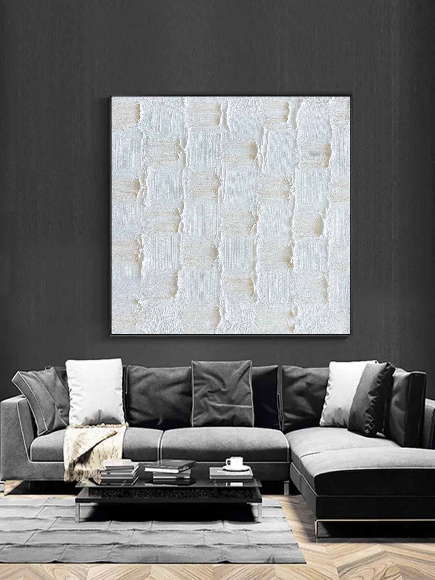 Textured White Oil Painting with Plaster Finish for Modern Home Decor