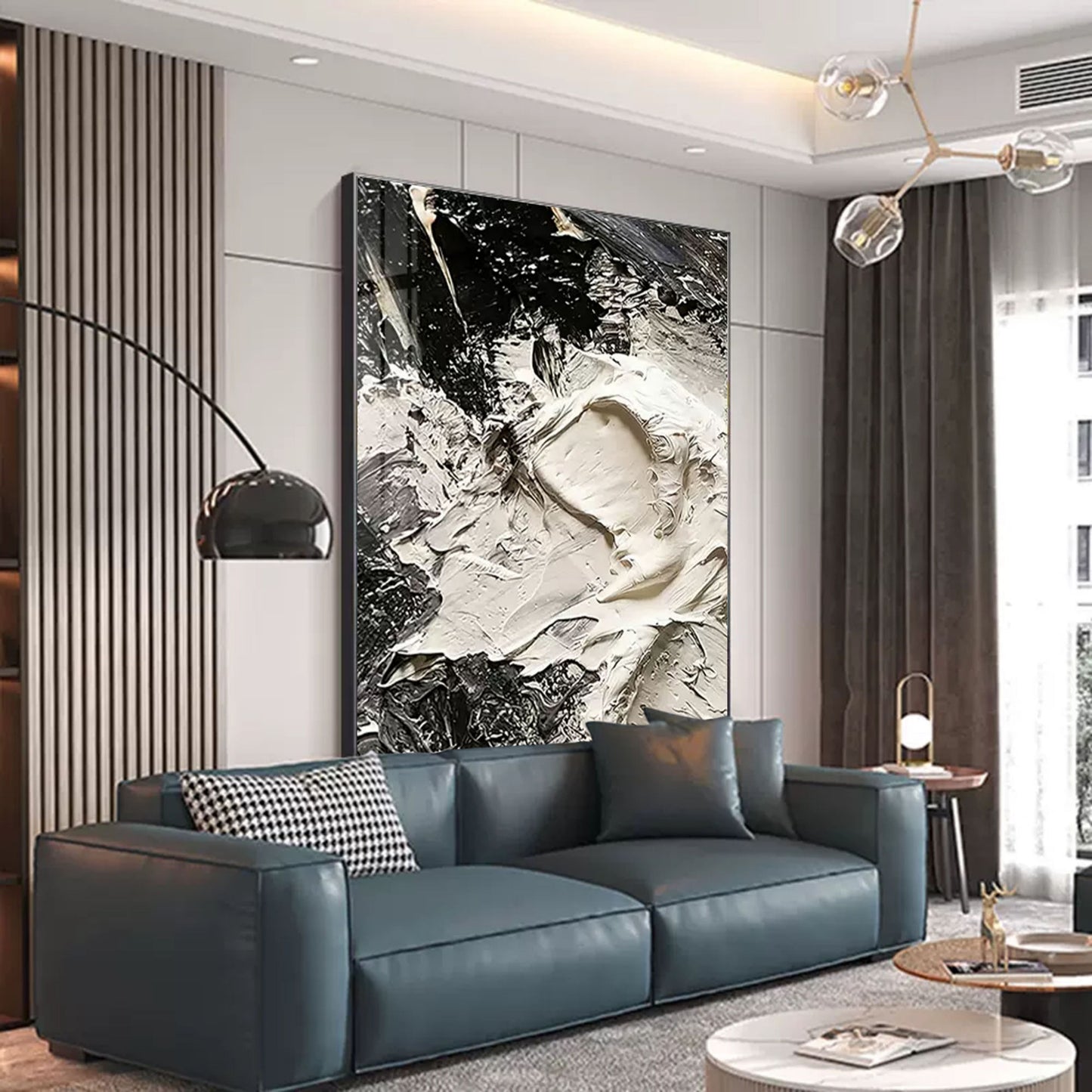 Abstract Black and White Oil Painting with Textured Plaster Finish