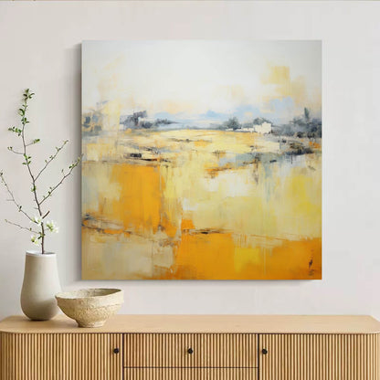 Vibrant Abstract Oil Painting with Warm Yellow and Soft Blue Tones for Modern Decor