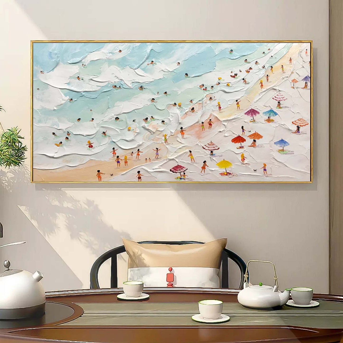 Vibrant Beach Scene Oil Painting with Textured Waves and Colorful Umbrellas
