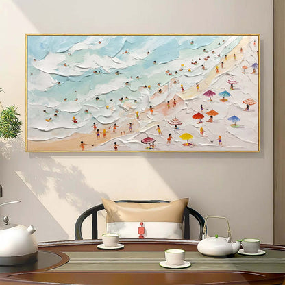 Vibrant Beach Scene Oil Painting with Textured Waves and Colorful Umbrellas