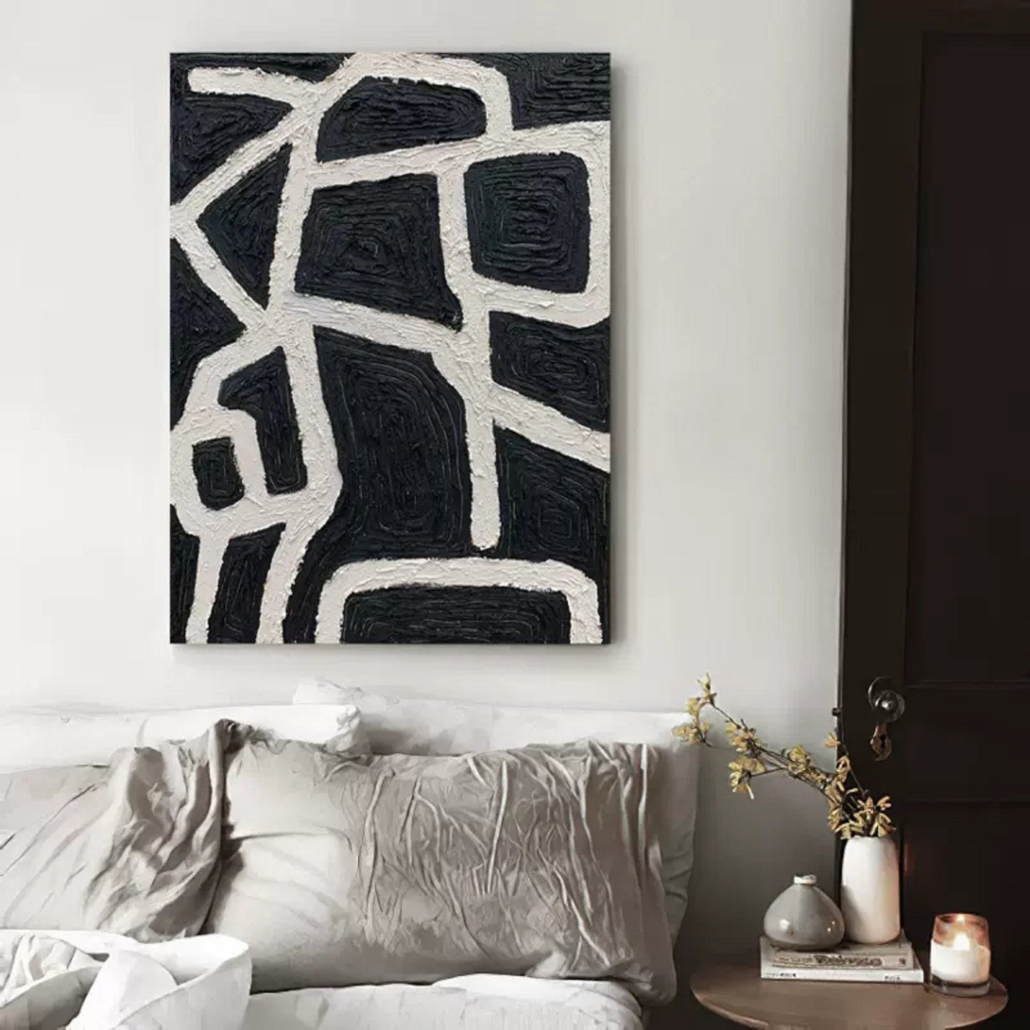 Abstract Minimalist Black and White Line Art Oil Painting for Modern Decor