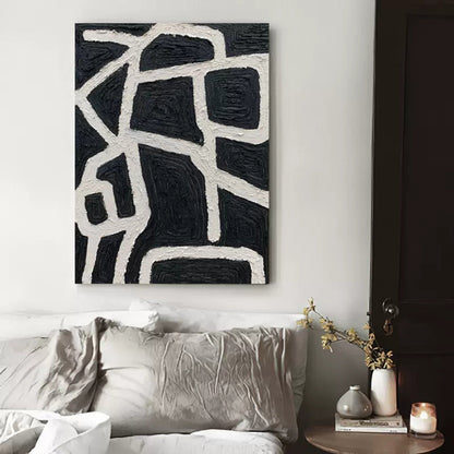 Abstract Minimalist Black and White Line Art Oil Painting for Modern Decor