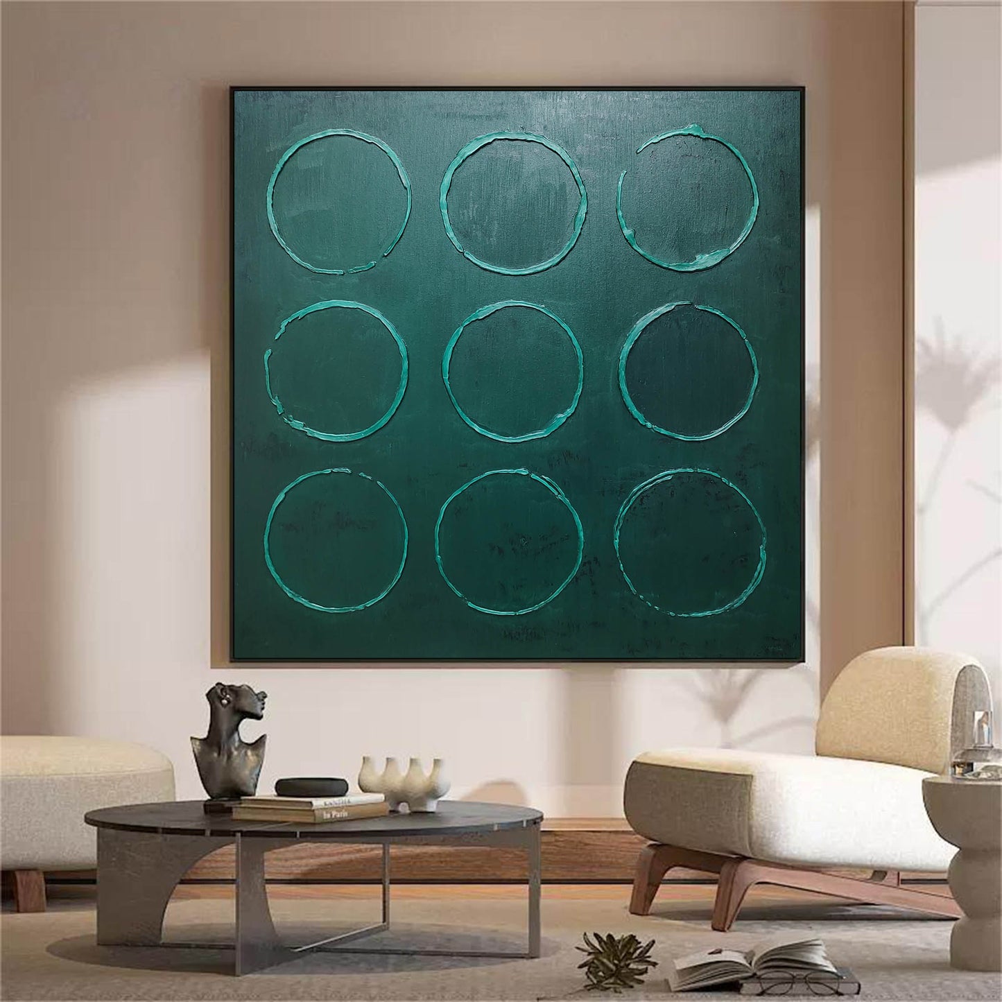 Modern Wabi-Sabi Inspired Green Circle Oil Painting for Unique Home Decor