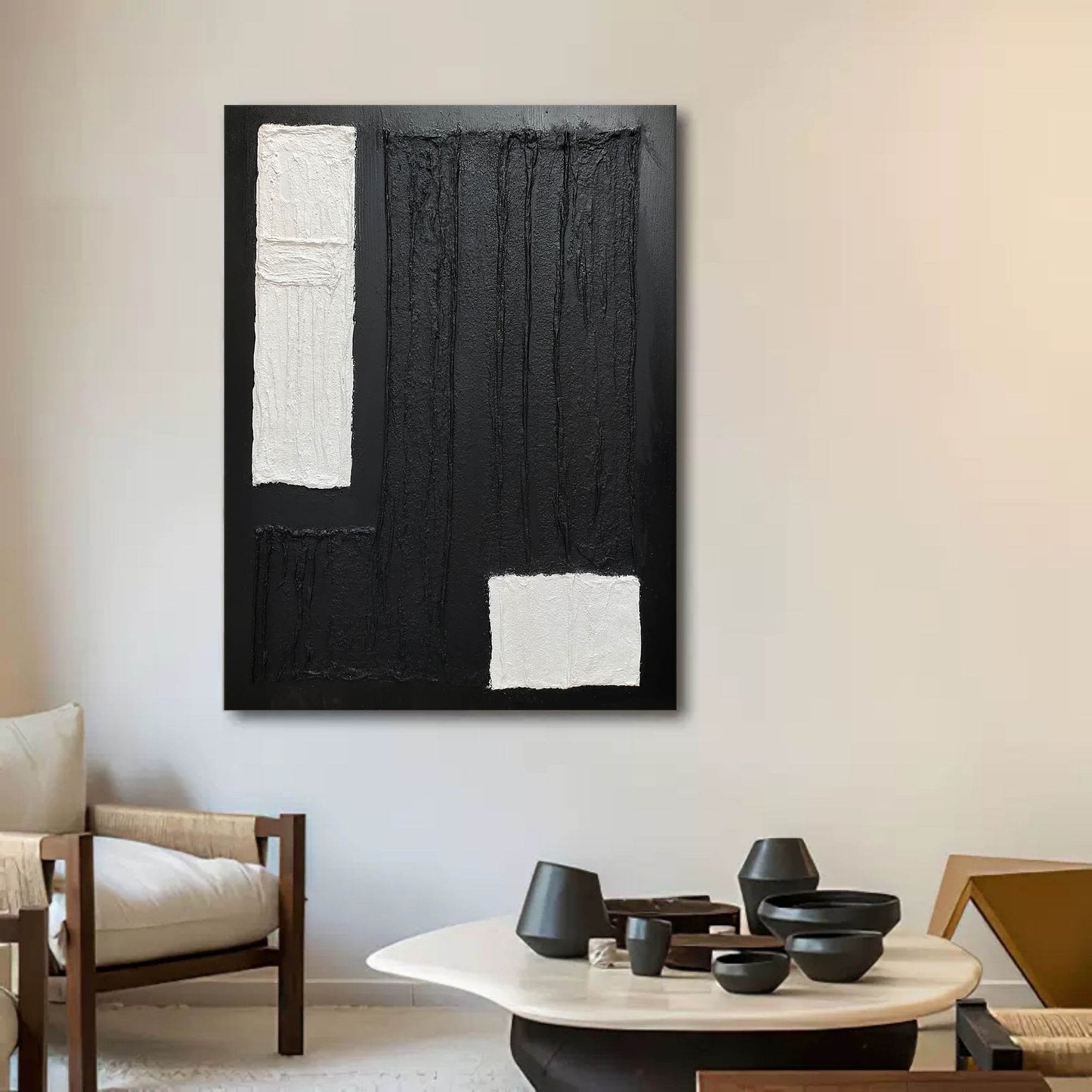 Abstract Black and White Wabi-Sabi Oil Painting for Modern Home Decor