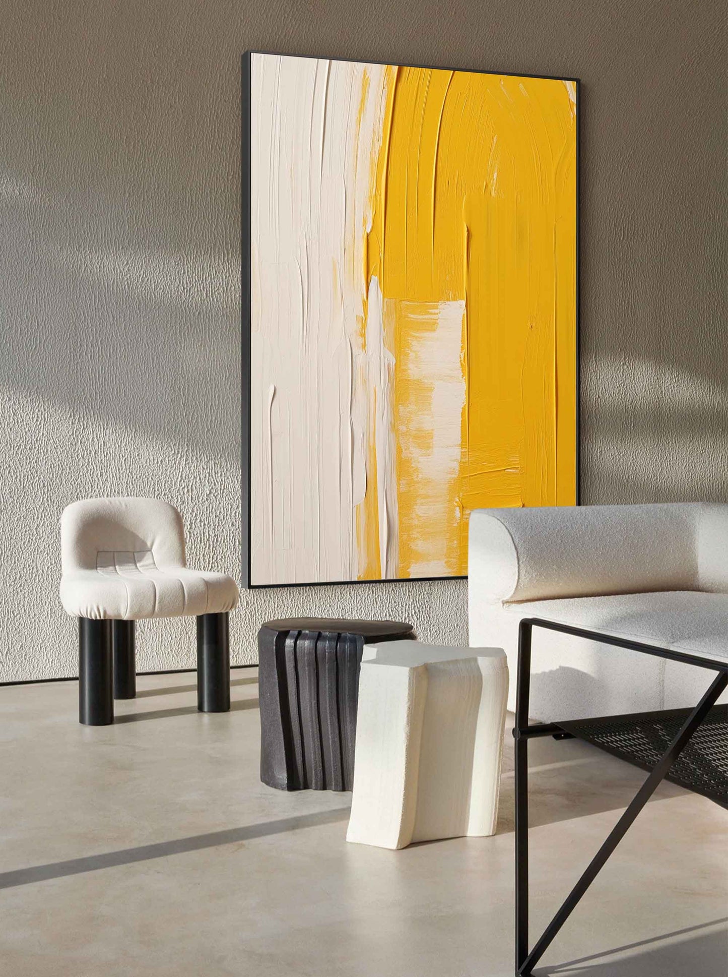 Contemporary Yellow and White Minimalist Oil Painting for Modern Home Decor