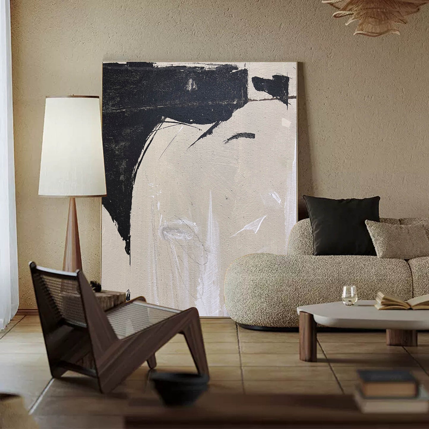 Contemporary Minimalist Black and White Abstract Oil Painting