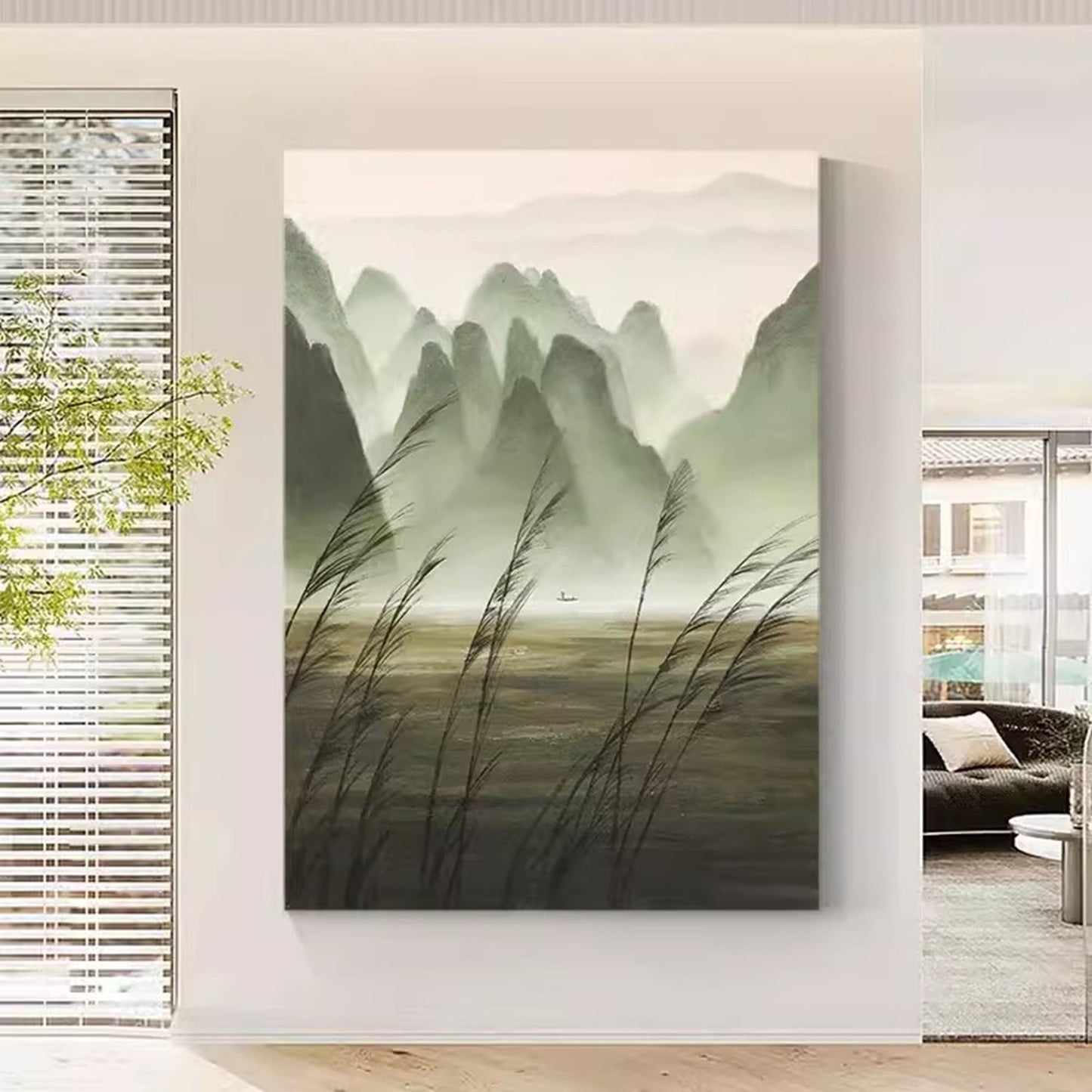 Serene Mountain Landscape Oil Painting with Tranquil Water Reflections