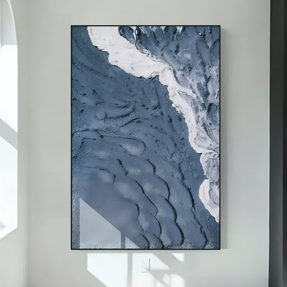 Textured Coastal Landscape Oil Painting in Blue and White Tones for Contemporary Decor