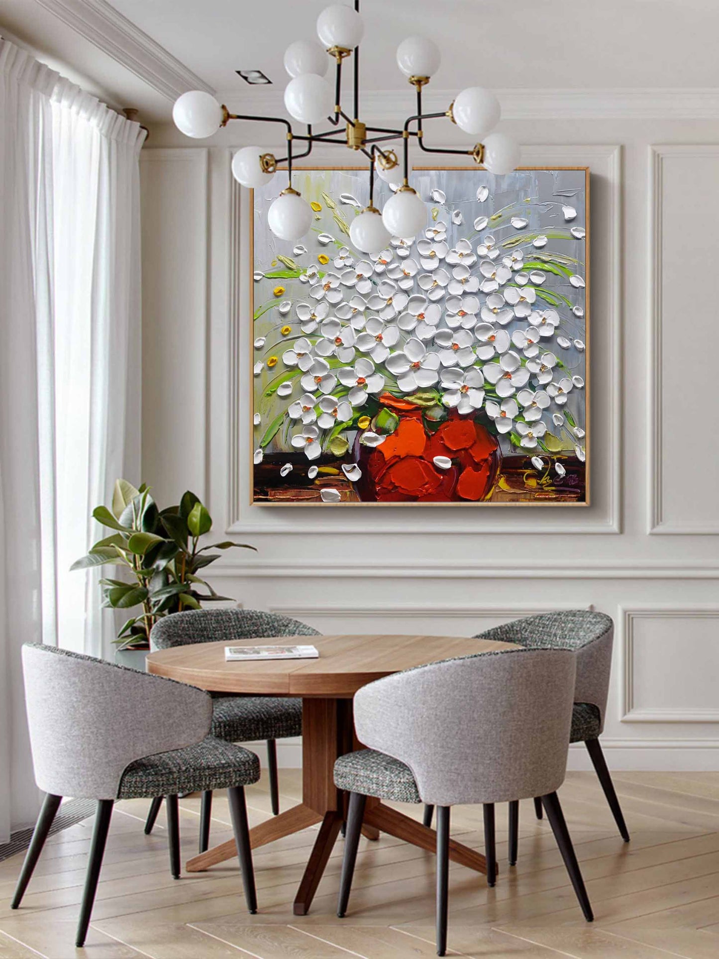 Vibrant Floral Still Life with White Flowers in a Bold Orange Vase