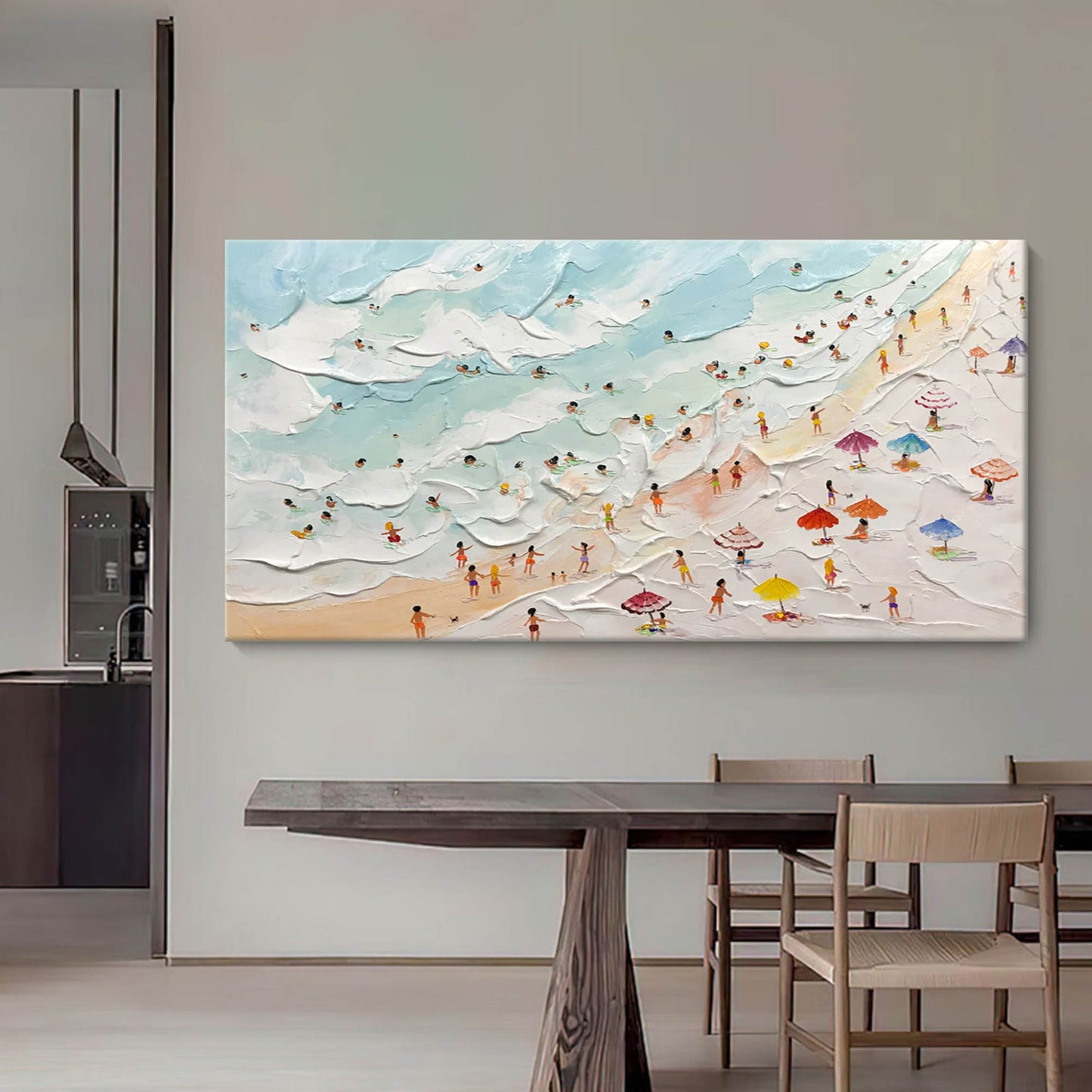 Vibrant Beach Scene Oil Painting with Textured Waves and Colorful Umbrellas