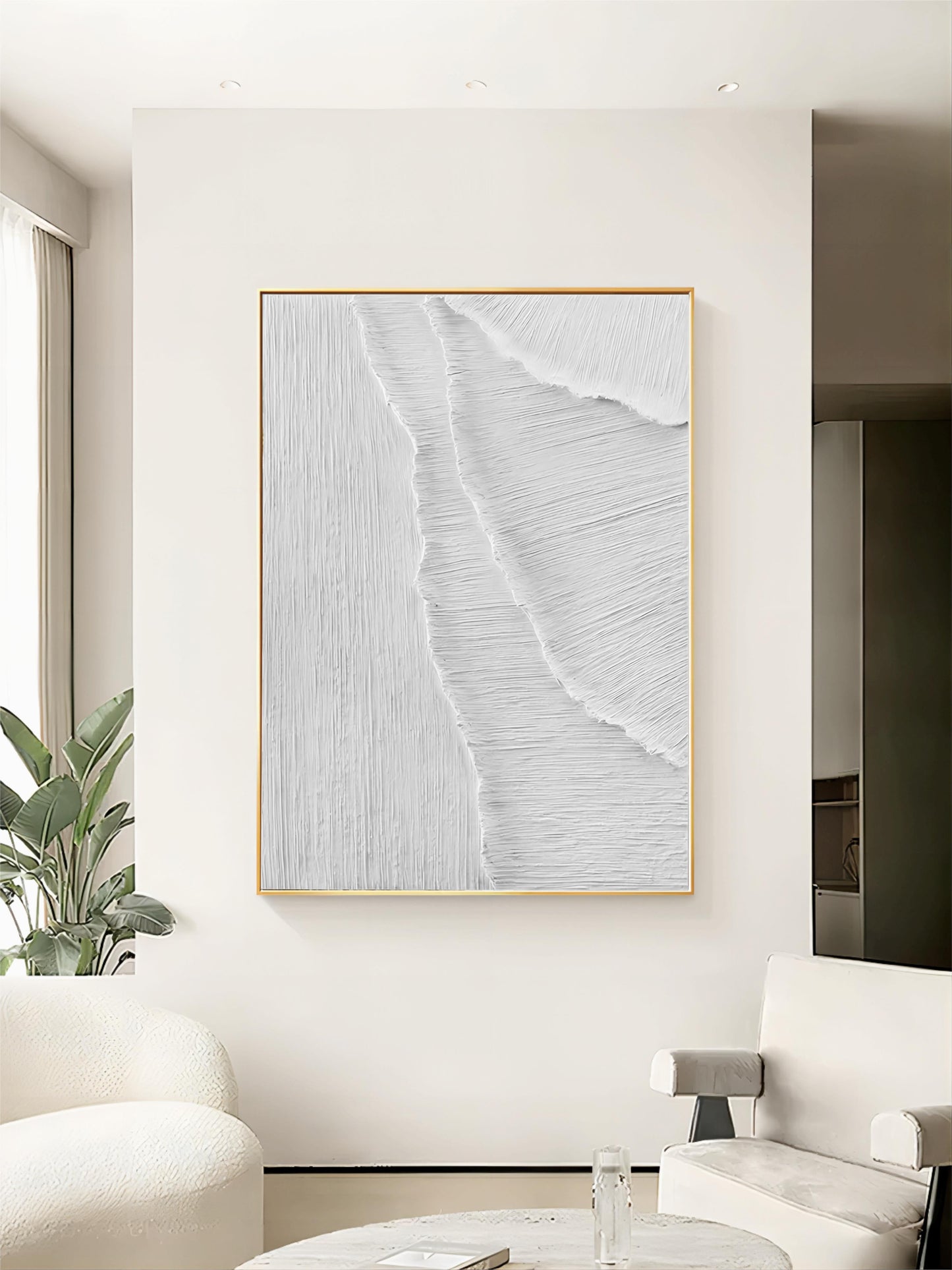 Serene Coastal Landscape Oil Painting - Textured White Waves on Canvas Art