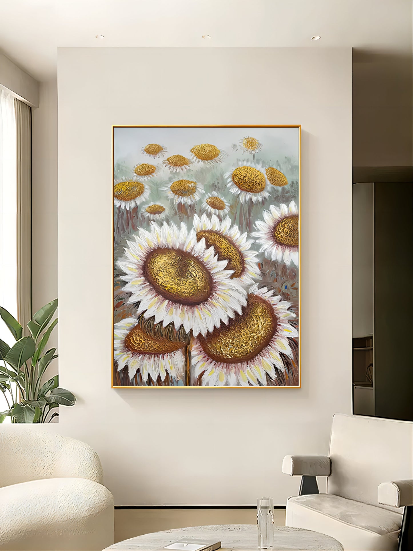 Vibrant Sunflower Oil Painting with Textured Golden Accents for Wall Art Decor