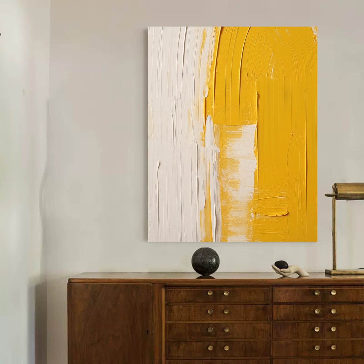 Contemporary Yellow and White Minimalist Oil Painting for Modern Home Decor