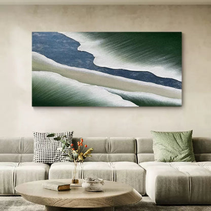 Abstract Wave Textured Oil Painting in Green and Blue Tones for Modern Decor