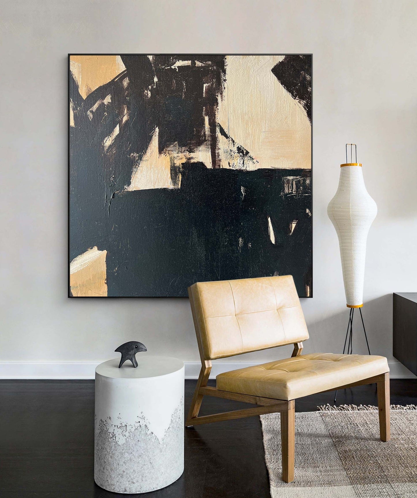 Contemporary Minimalist Black and Gold Abstract Oil Painting for Modern Decor