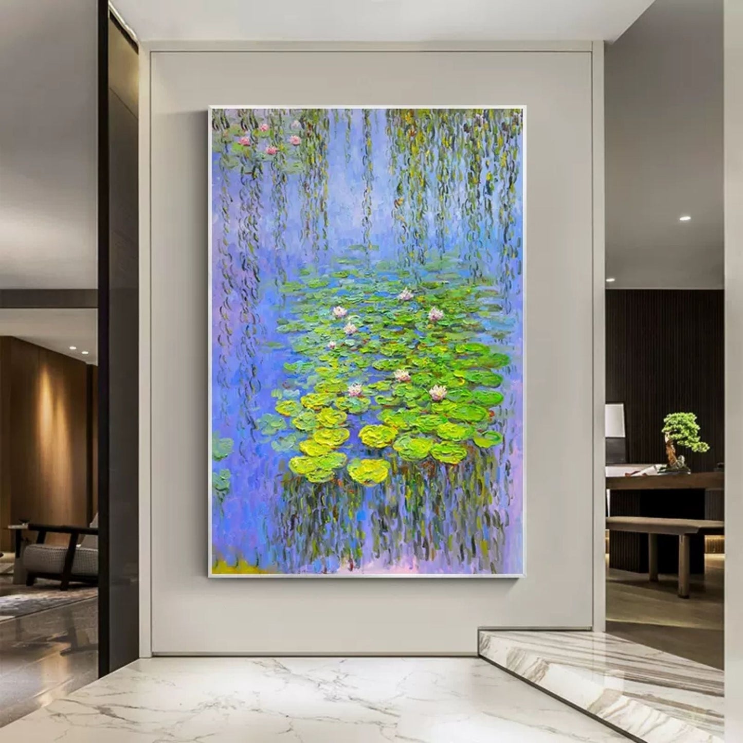 Tranquil Water Lilies - Serene Oil Painting with Vibrant Plaster Texture